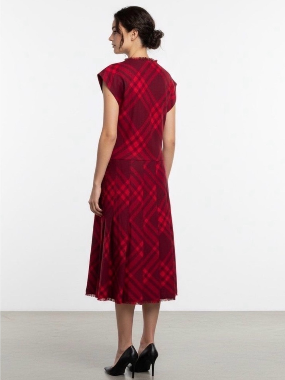 Burberry Red Plaid Cowl-Neck Midi Dress - Picture 3 of 11